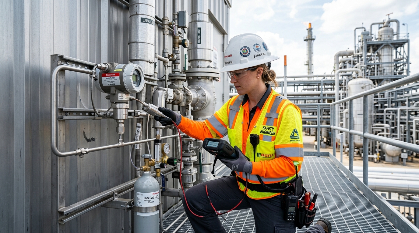 Safety engineer calibrating gas detector transmitter